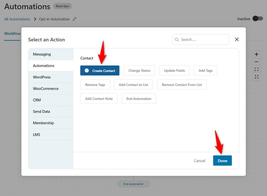 Select an action - Create Contact under FunnelKit Automations