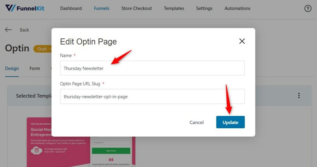 updating the optin page URL 