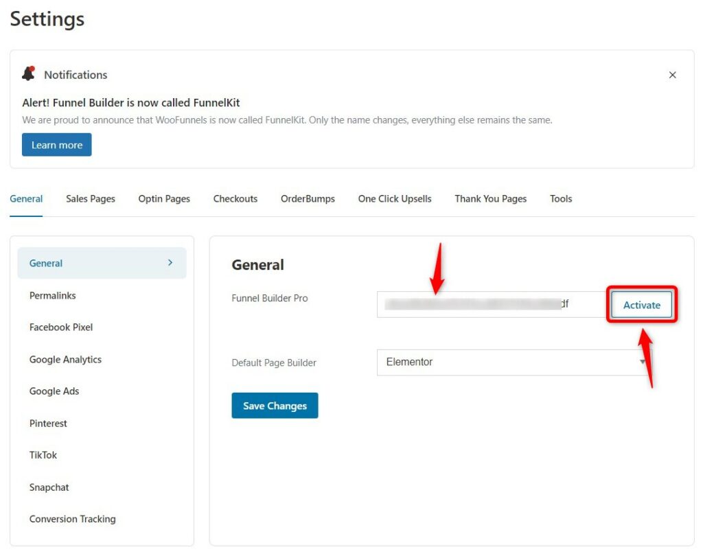 Paste the Funnel Builder Pro license and hit Activate