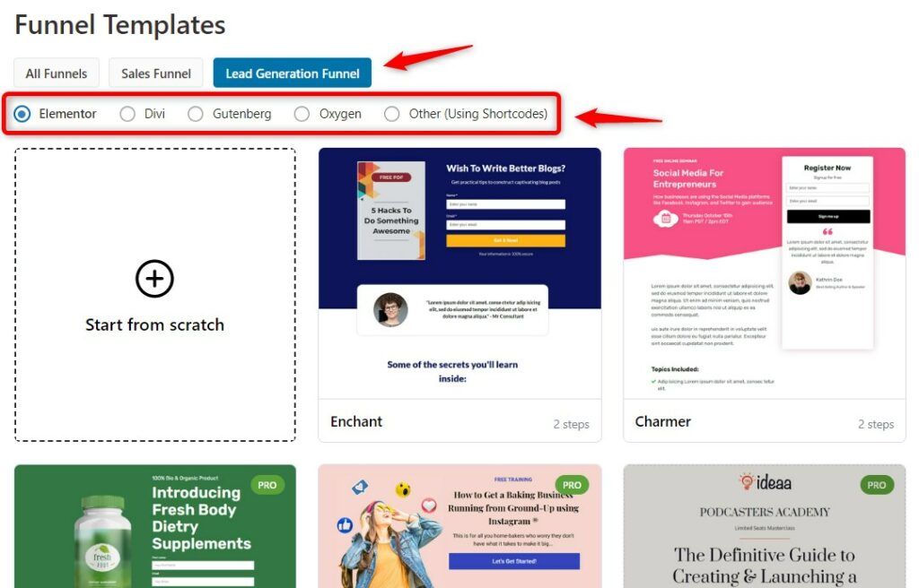 Select Lead Generation Funnel and choose your page builder