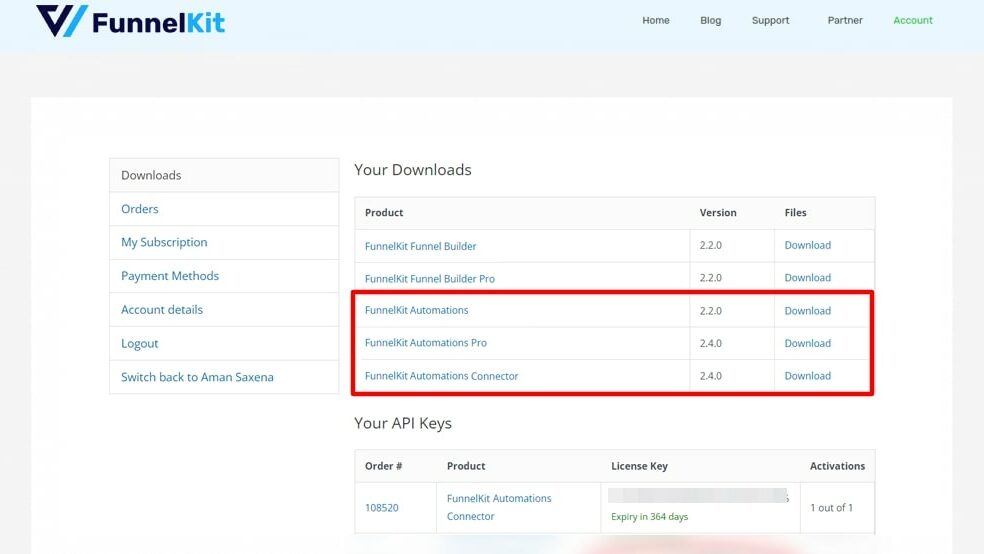 Once you have the license of FunnelKit Automations, go to your FunnelKit (formerly WooFunnels) account and download the FunnelKit Automations zip files