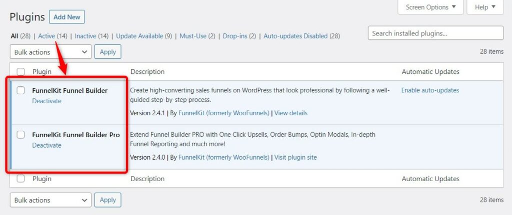 FunnelKit Funnel Builder plugins installed