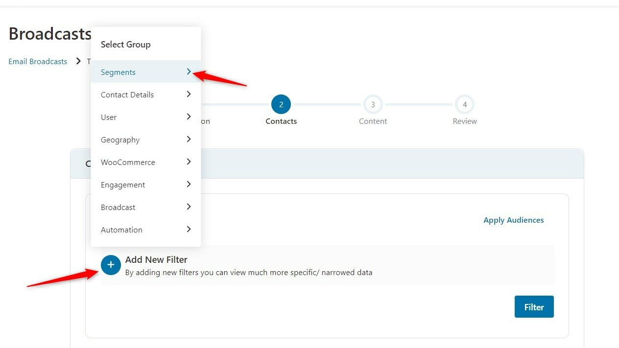 broadcast campaign - step 2 - filtering contacts