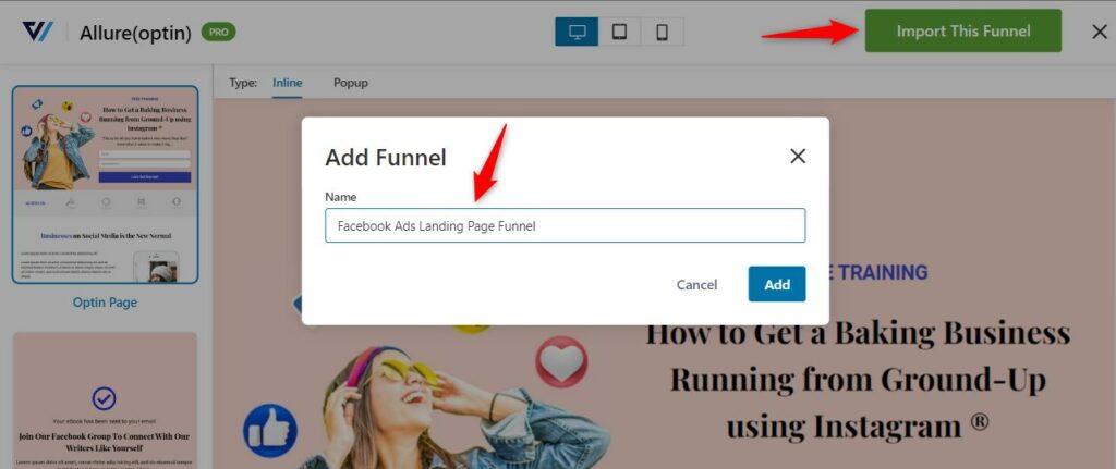 Import the template and name your funnel - Facebook ads landing page funnel