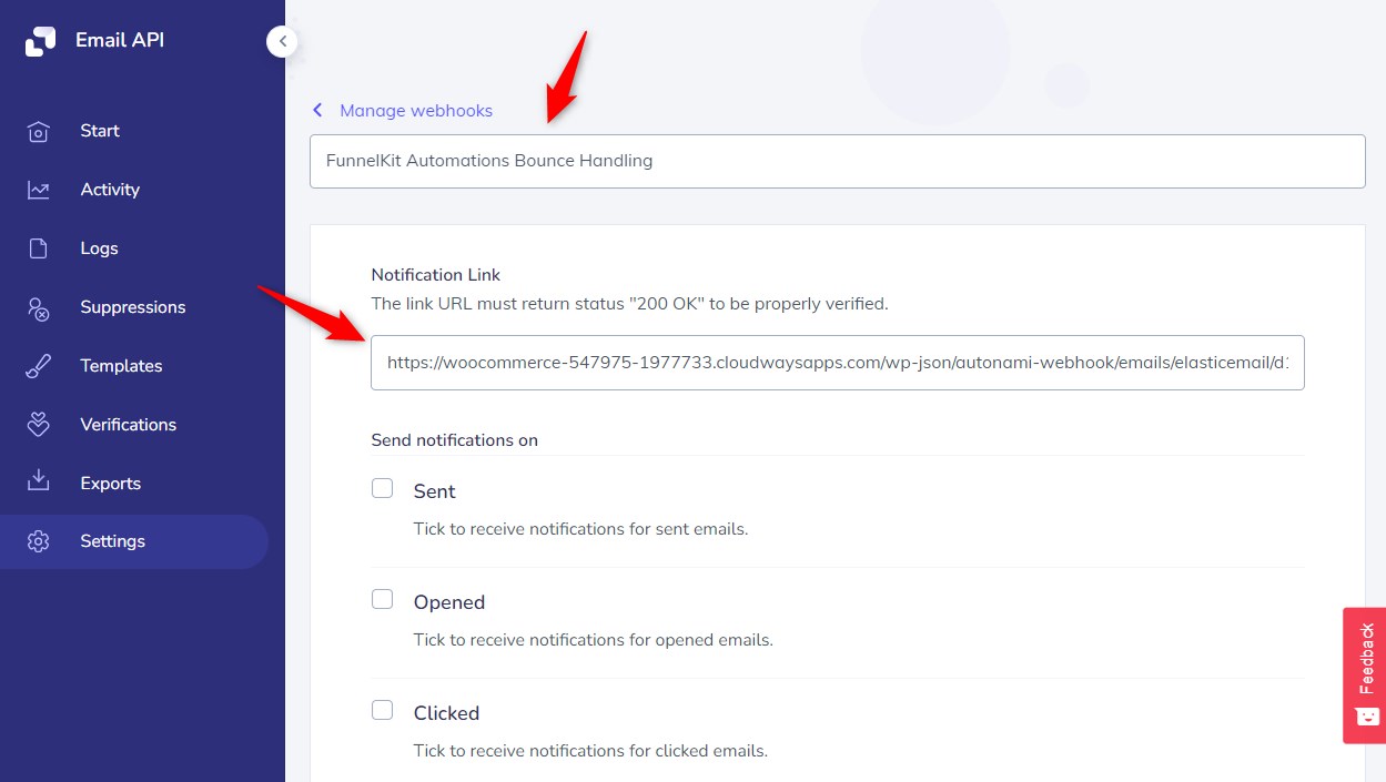 Enter name of the webhook, paste the url of bounce handling with elastic email