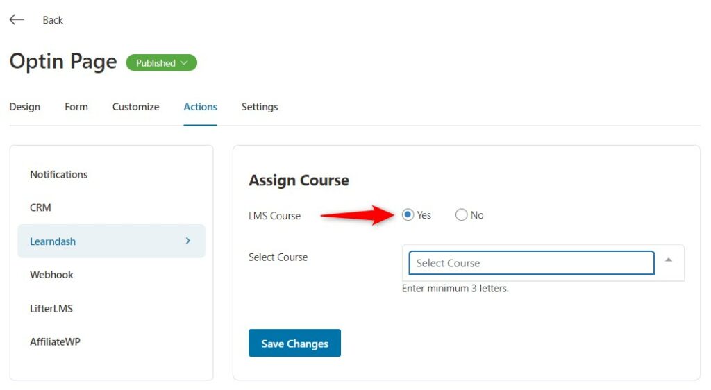 Click on Yes next to LMS Course