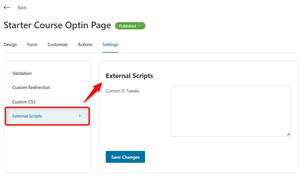 Opt-in page External scripts settings