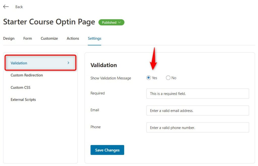 Optin Page Validation Settings