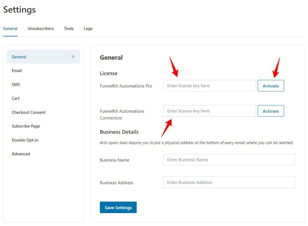 Paste the license in the settings section to activate FunnelKit Automations