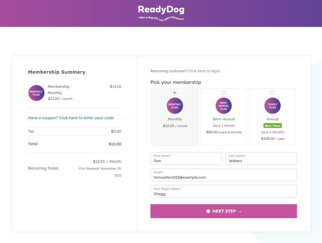 Two-step order form - multi-step checkout page example from ReadyDog