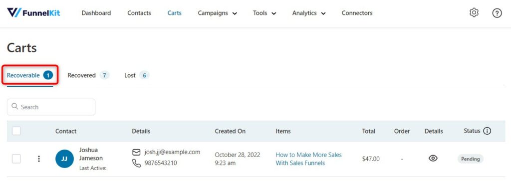 Recoverable carts in FunnelKit Automations