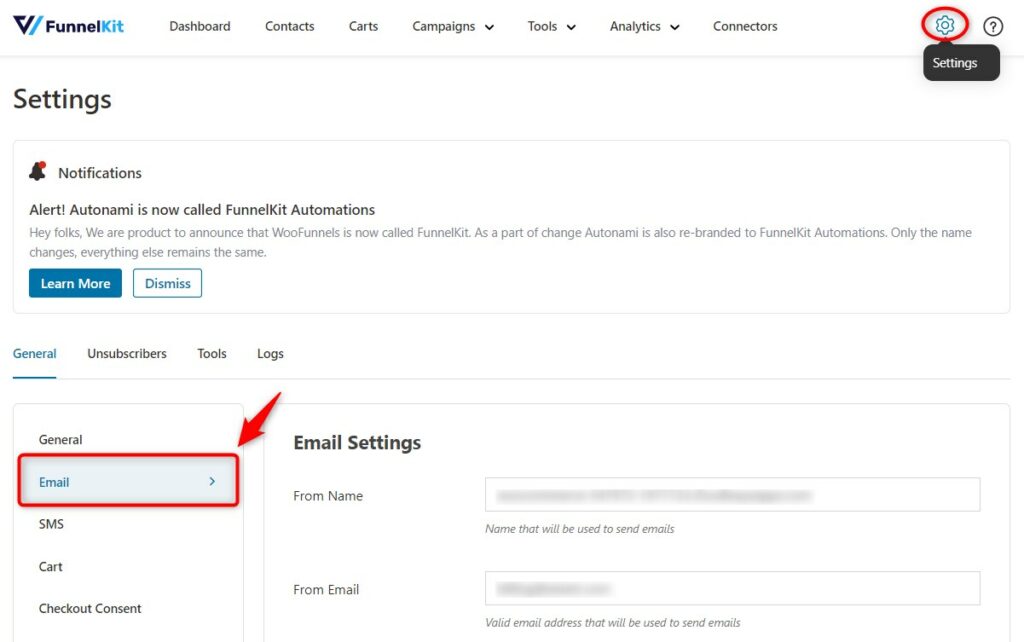 Go to Email Settings in FunnelKit Automations