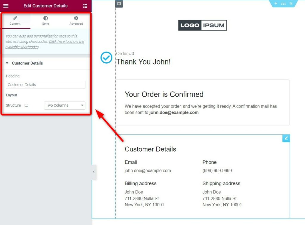 Customize the WooCommerce custom thank you page - customer details widget