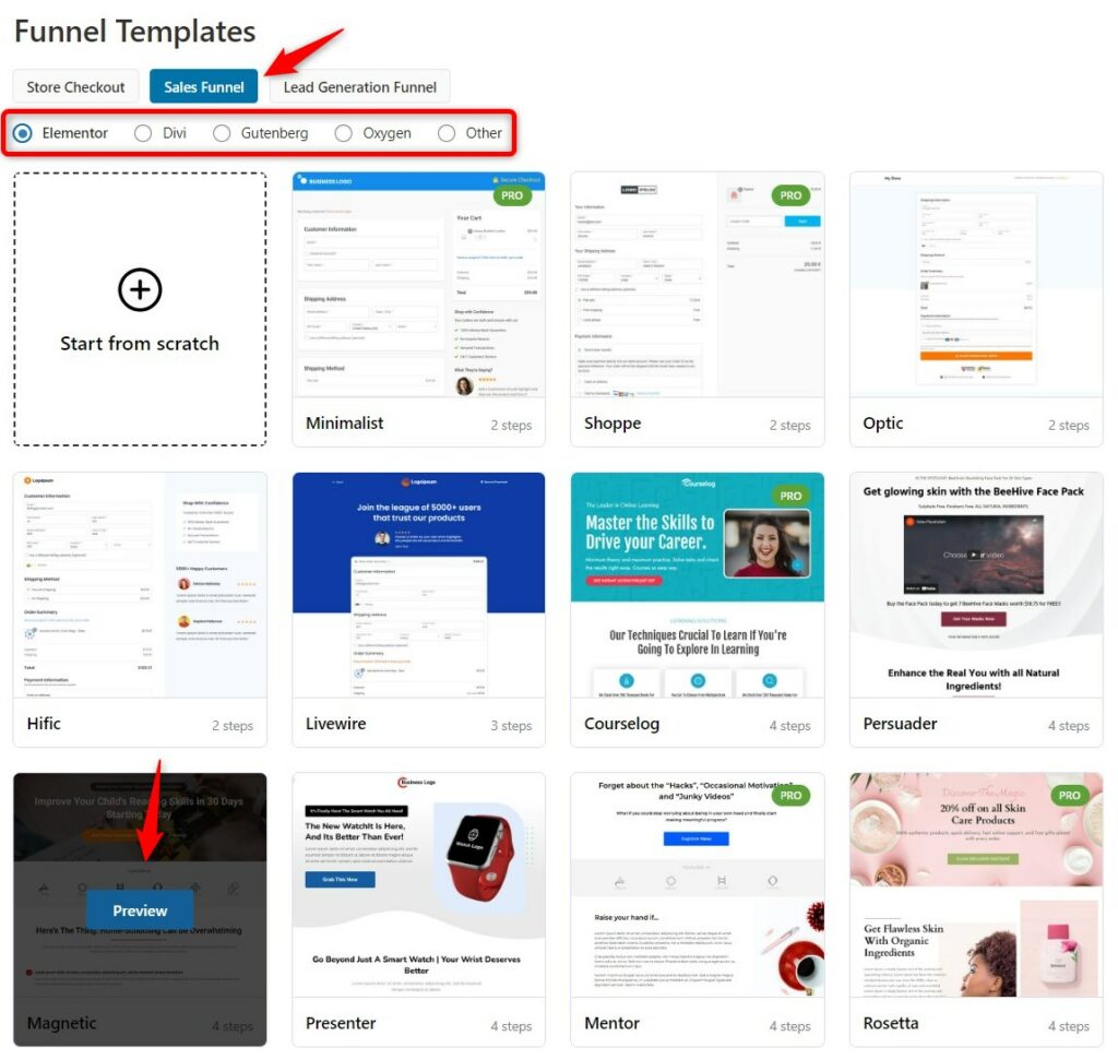 Select the Sales Funnel templates and choose your favorite page builder
