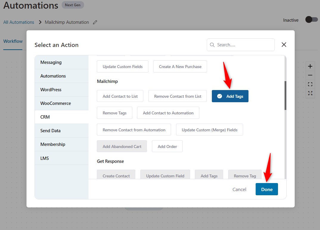 specify the mailchimp add tags action