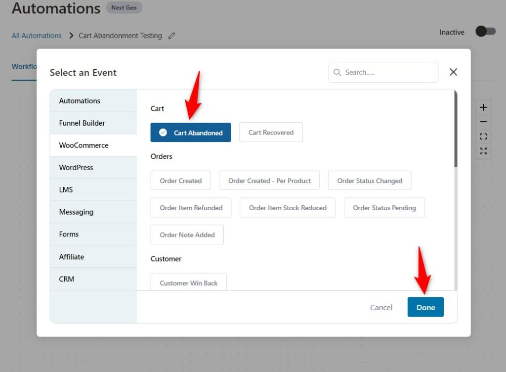 Select the Cart Abandonment under WooCommerce from the events