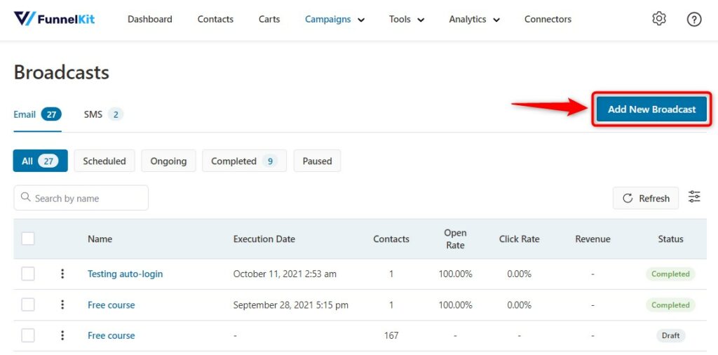 Email broadcast dashboard of FunnelKit Automations