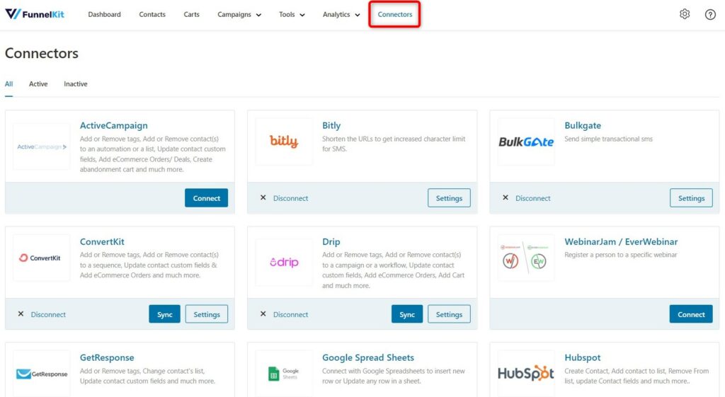 Connectors tab in FunnelKit Automations