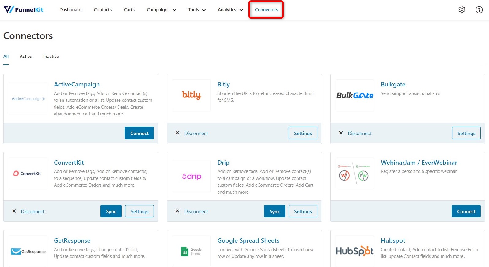 Connectors tab in FunnelKit Automations getresponse