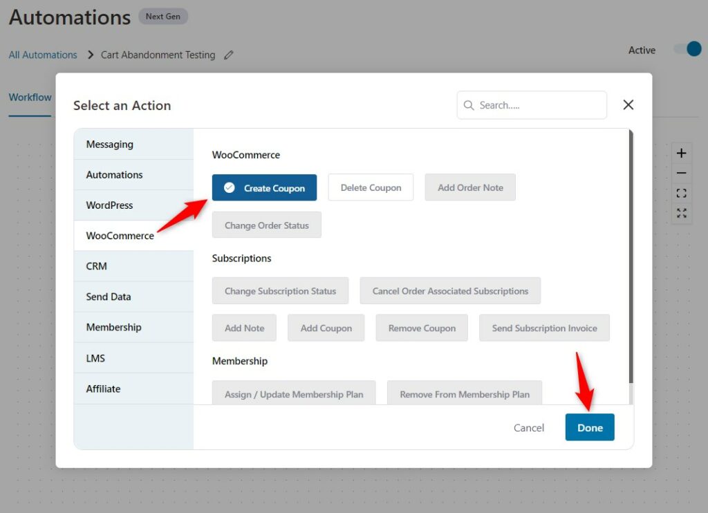 Select Create Coupon as the action under WooCommerce