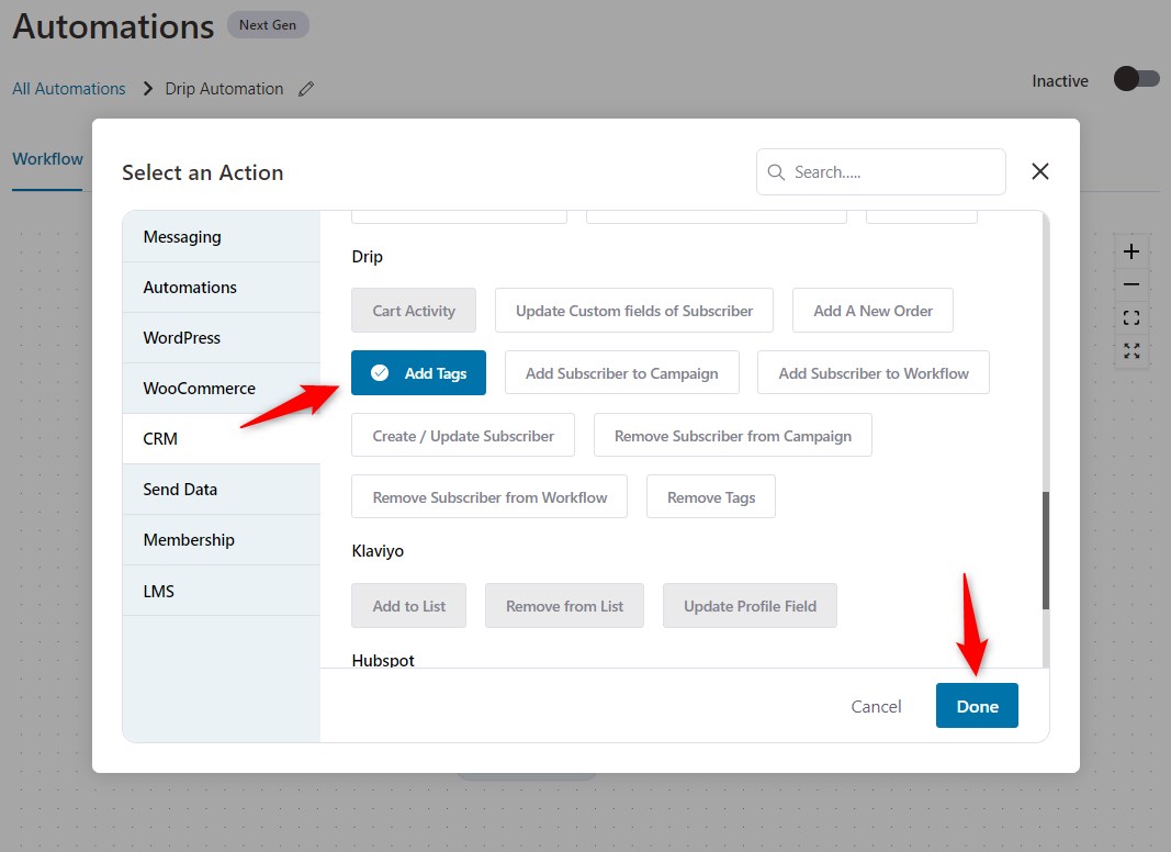 specify the add tags in drip crm action