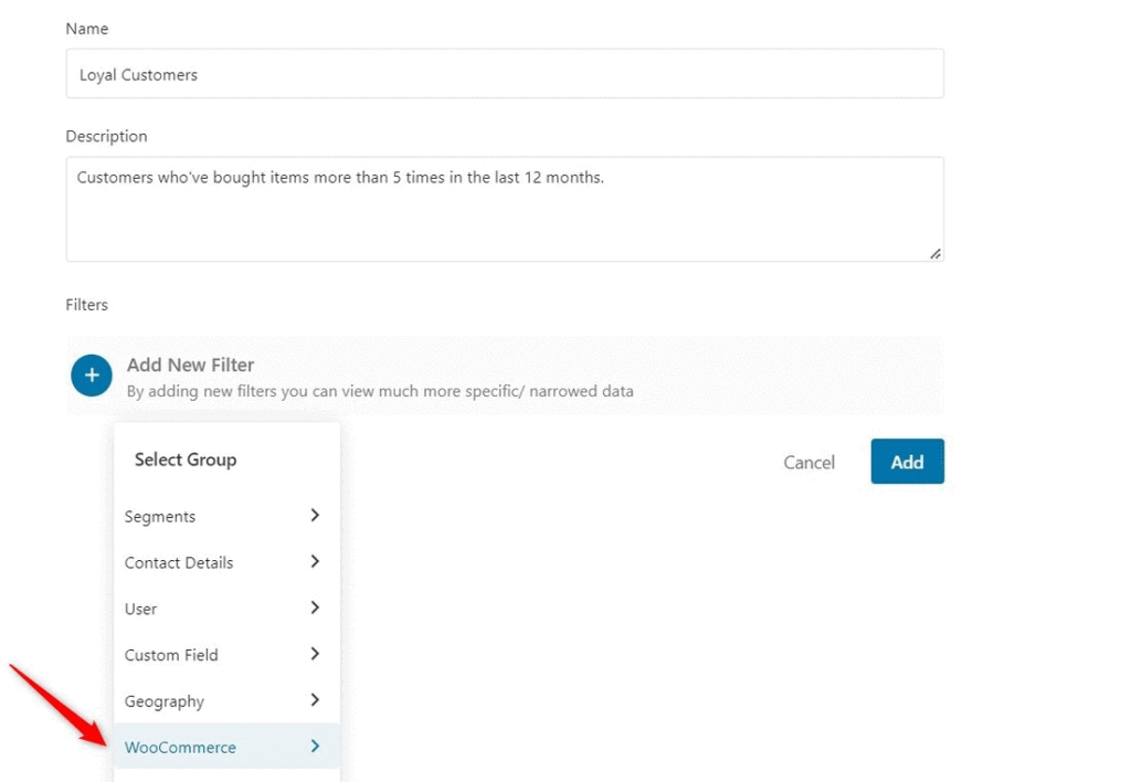 selecting WooCommerce group