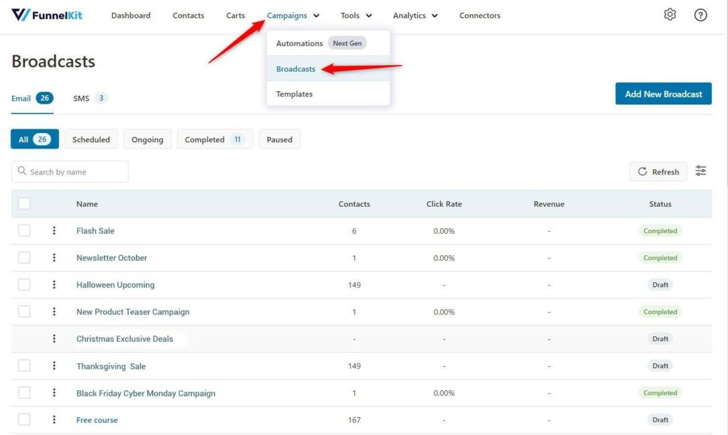 selecting broadcasts to see analytics