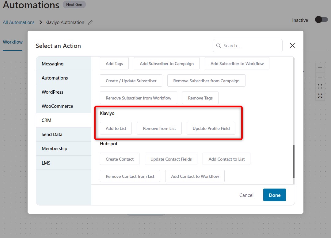 Klaviyo FunnelKit Automations actions