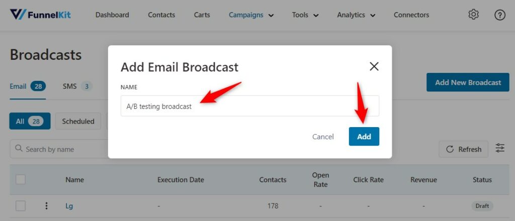 Name your A/B testing email broadcast