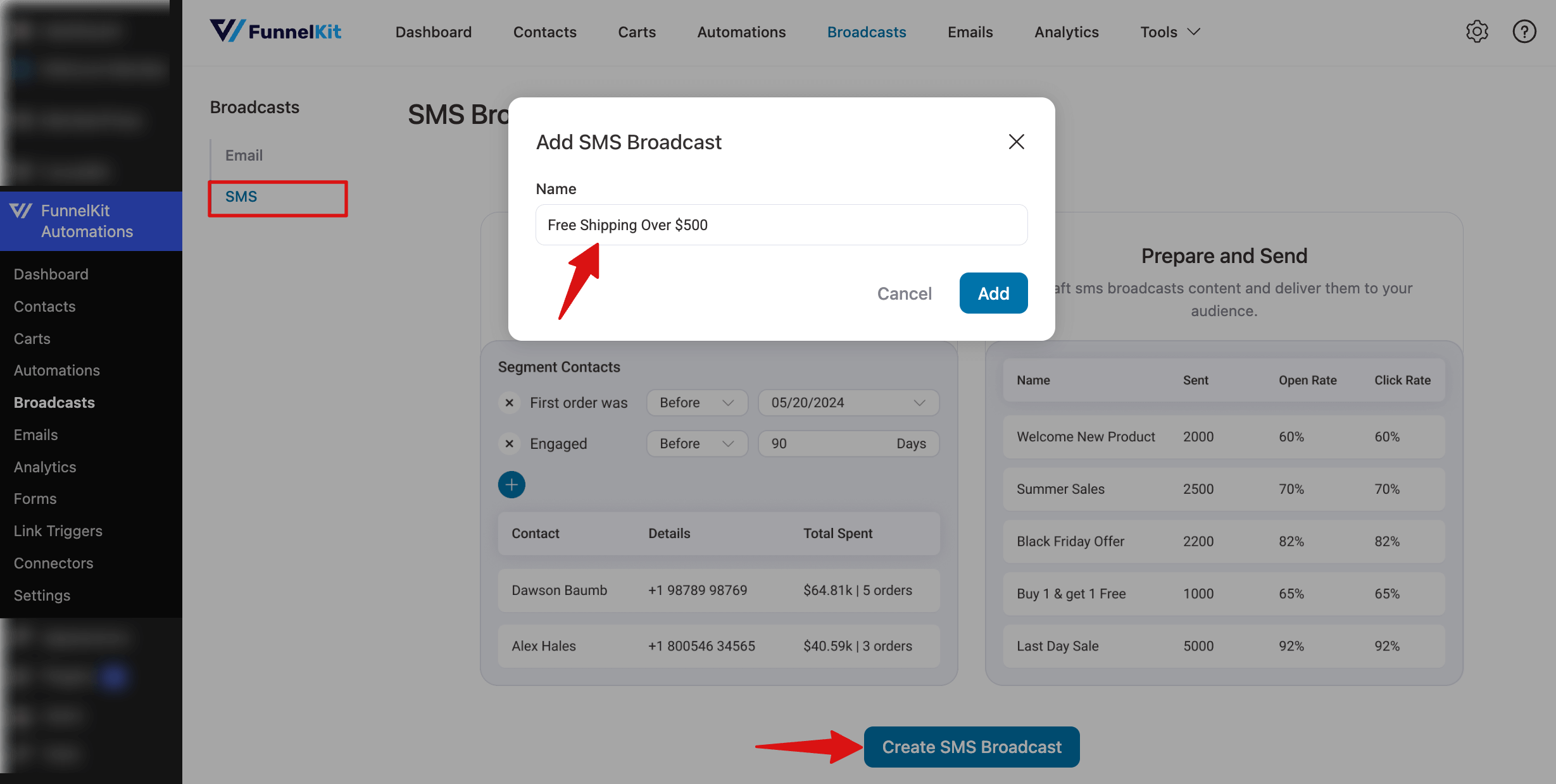 Now, go to Broadcasts, then on the SMS tab, hit the button "Create New Broadcast". After that provide a name and hit Add. 
