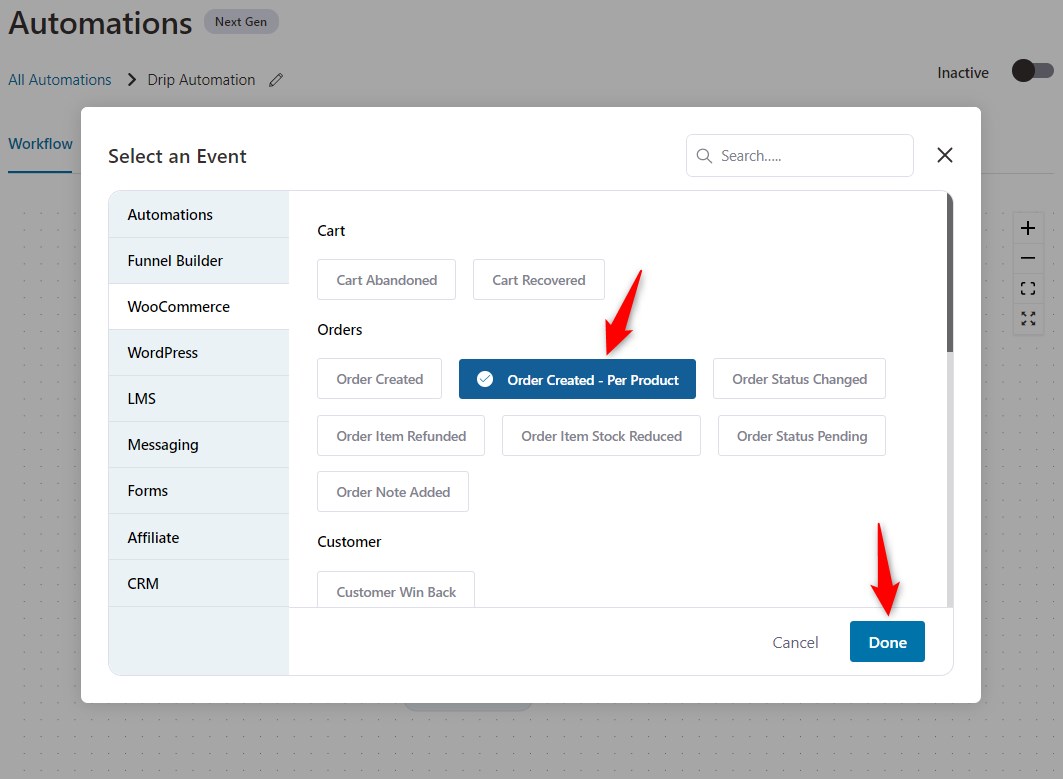 add the woocommerce order created per product event