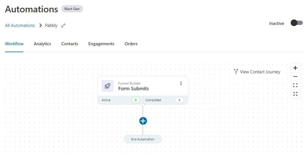 Create a new automation in FunnelKit Automations with the Form Submit event trigger