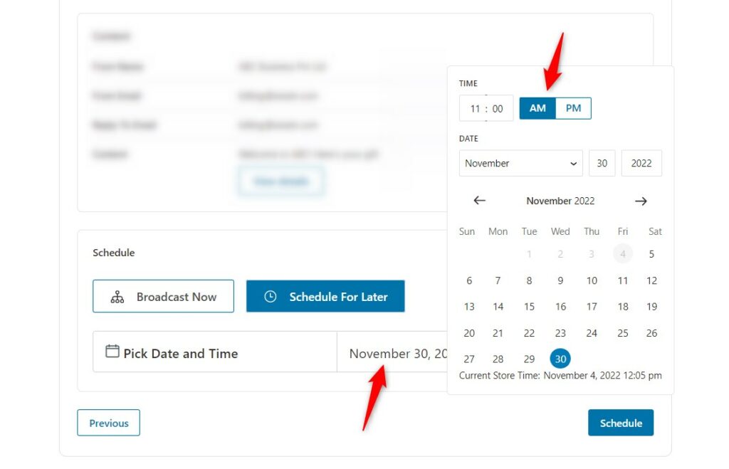 Set a specific date and time to schedule your broadcast in FunnelKit Automations