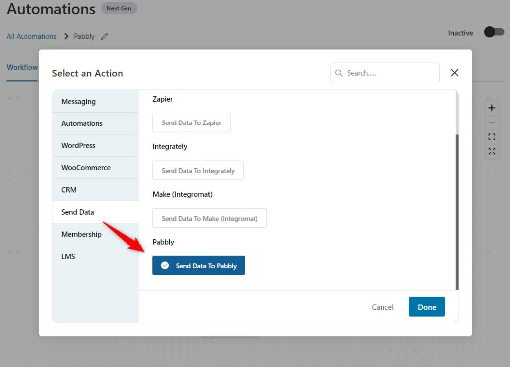 Select the action as Send data to Pabbly