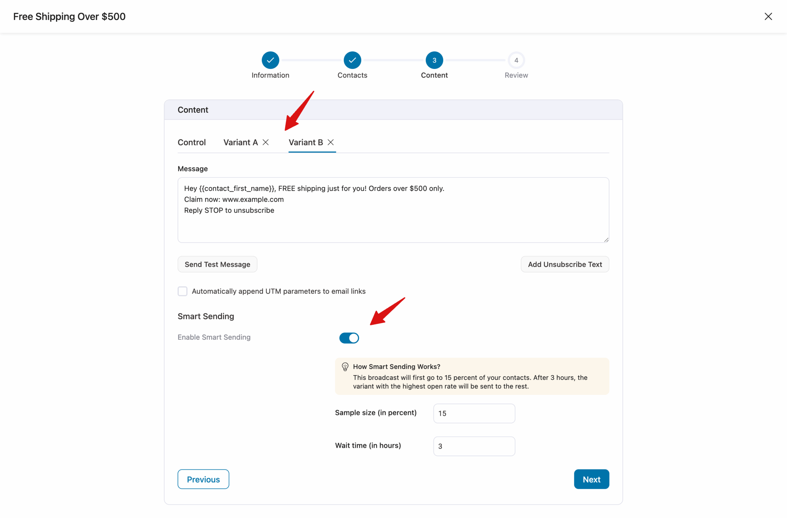 set variant and smart sending for WordPress bulk sms