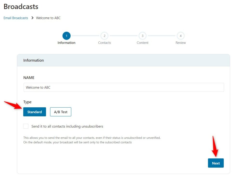 Select SMS type for new SMS broadcast in FunnelKit Automations