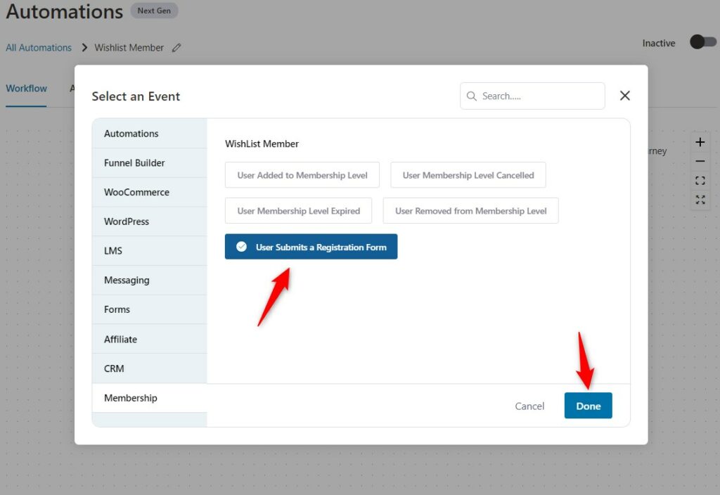 Select "User Submits a Registration Form" event