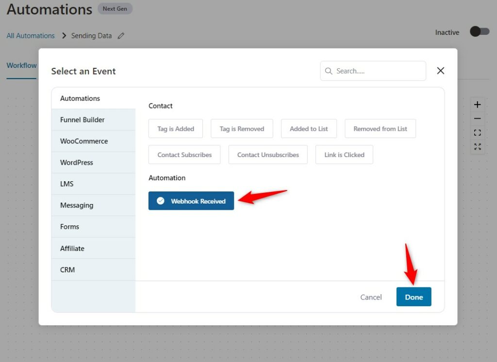 Select the event - Webhook received in FunnelKit Automations