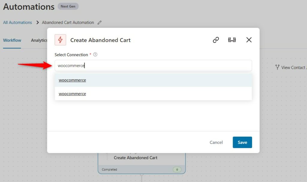 Configure the action by specifying the recent WooCommerce connection to your ActiveCampaign account