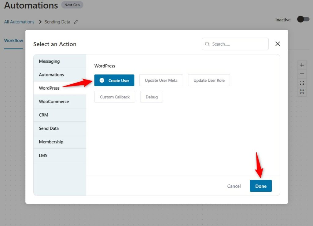 Select an action - Create User