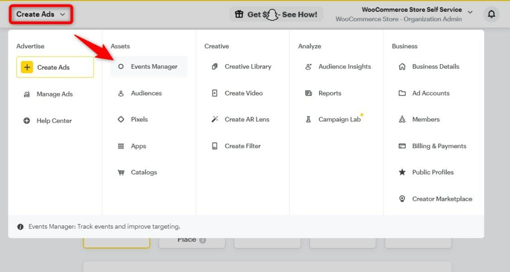 Click on Create Ads ⇨ Events Manager