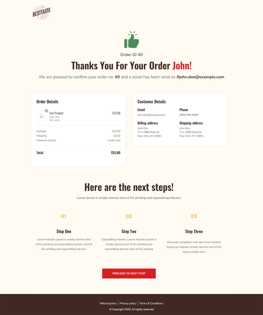 See the preview of your woocommerce thank you page template