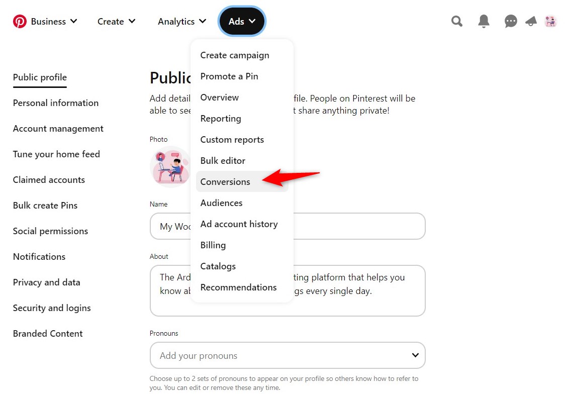 Go to ads > conversions on your Pinterest Business account