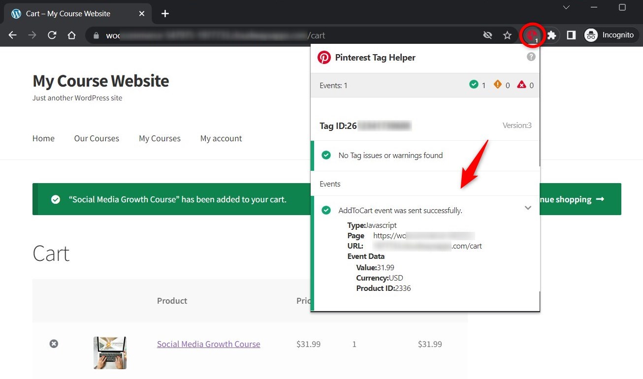 WooCommerce Pinterest Conversion Tracking event test - adding product to your cart