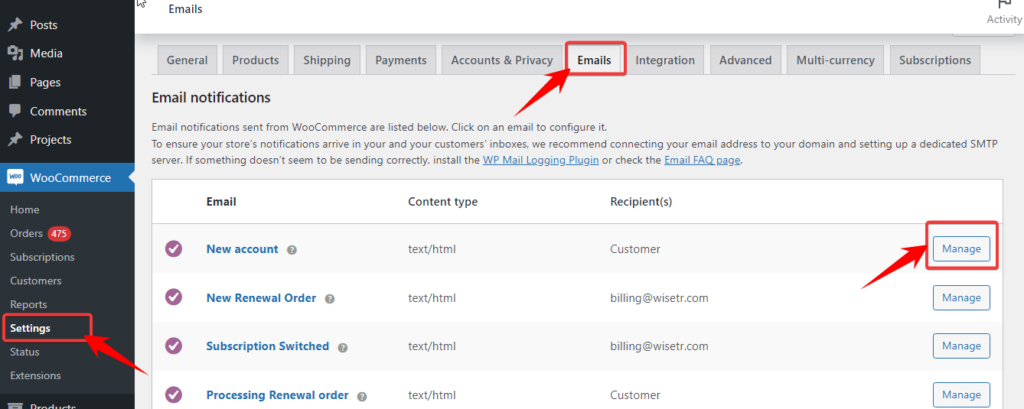 go to new user email settings WooCommerce