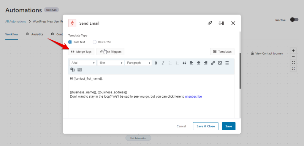 Add Merge Tag to Email Body