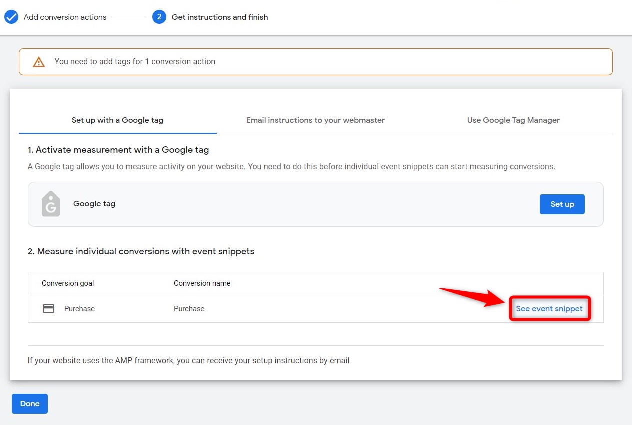 See event snippet for your conversion goal