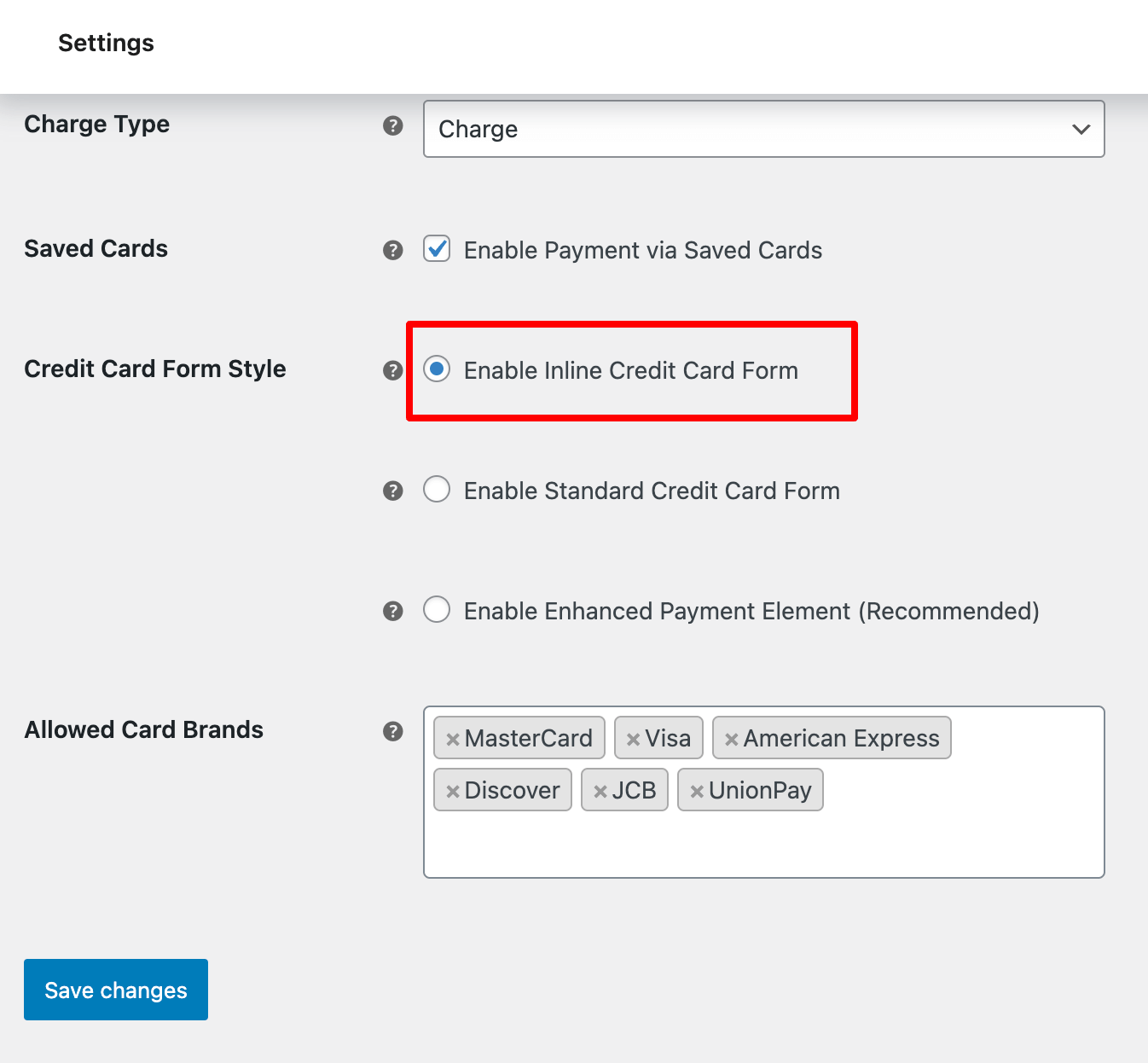 enable inline credit card form