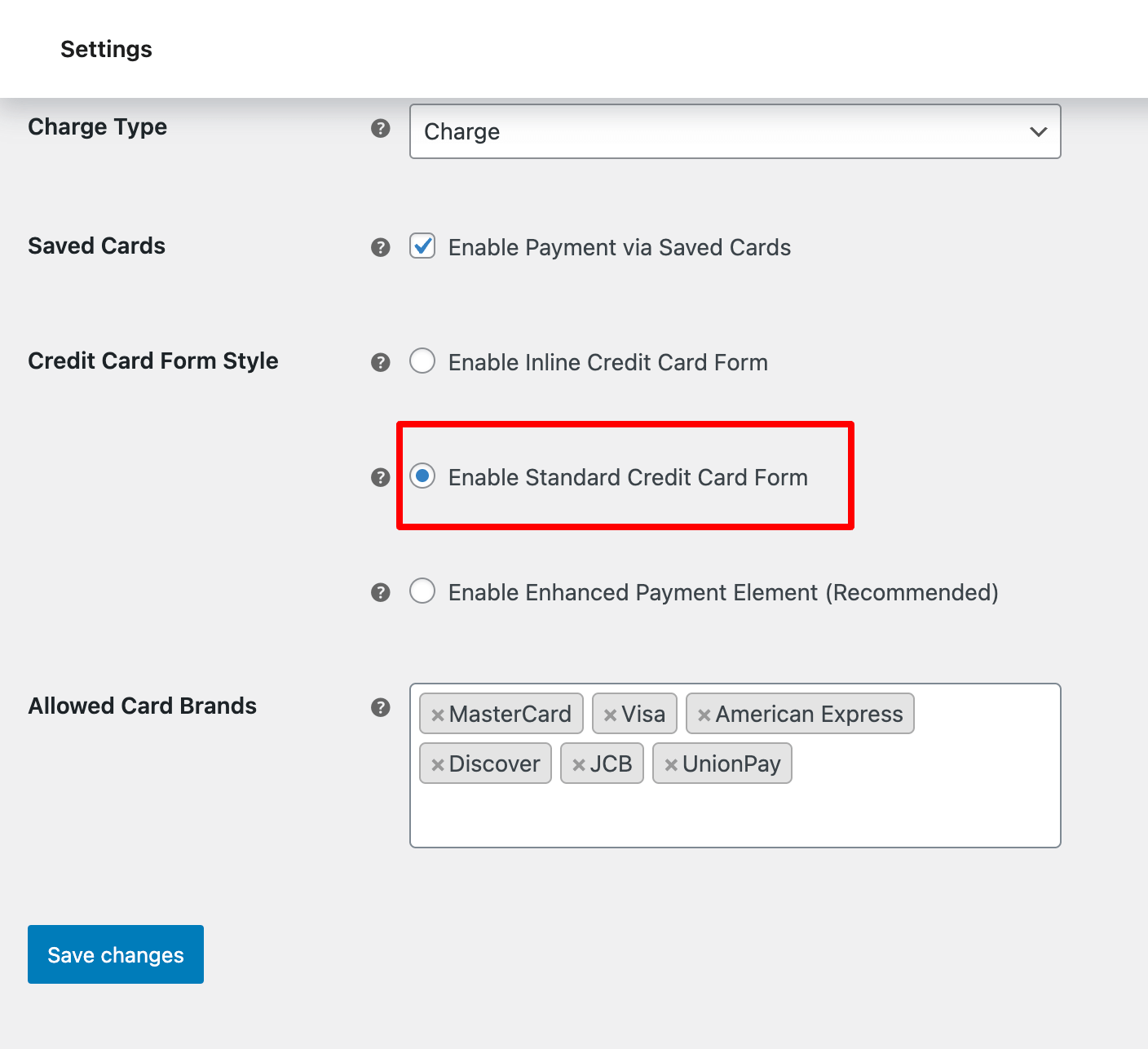 enable standard credit card form