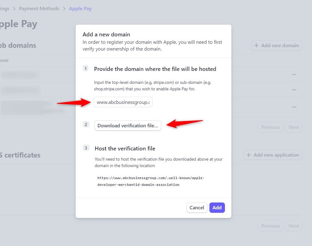 Enter your domain name, download the verification file and host it on your server